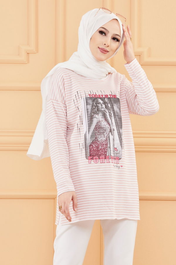 Düz Orta Kadın Pembe BASKILI TUNIK - 8733 PEMBE