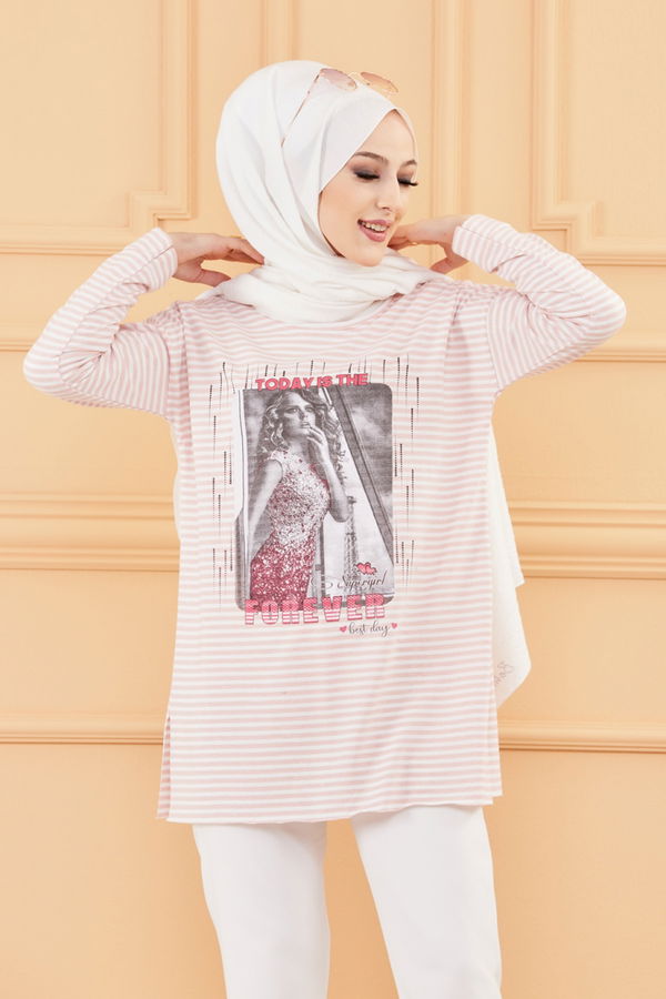 Düz Orta Kadın Pembe BASKILI TUNIK - 8733 PEMBE