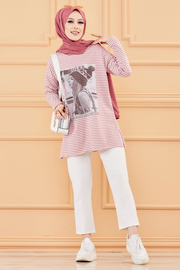 Düz Orta Kadın Pembe BASKILI TUNIK - 8734