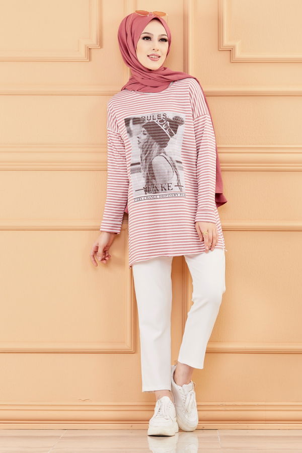 Düz Orta Kadın Pembe BASKILI TUNIK - 8734