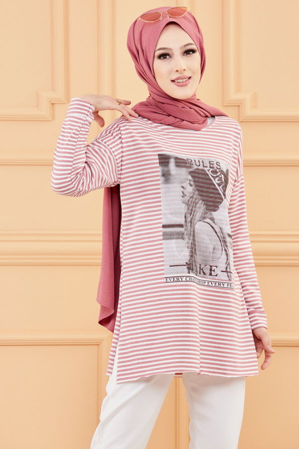 Düz Orta Kadın Pembe BASKILI TUNIK - 8734