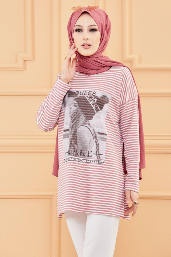Düz Orta Kadın Pembe BASKILI TUNIK - 8734