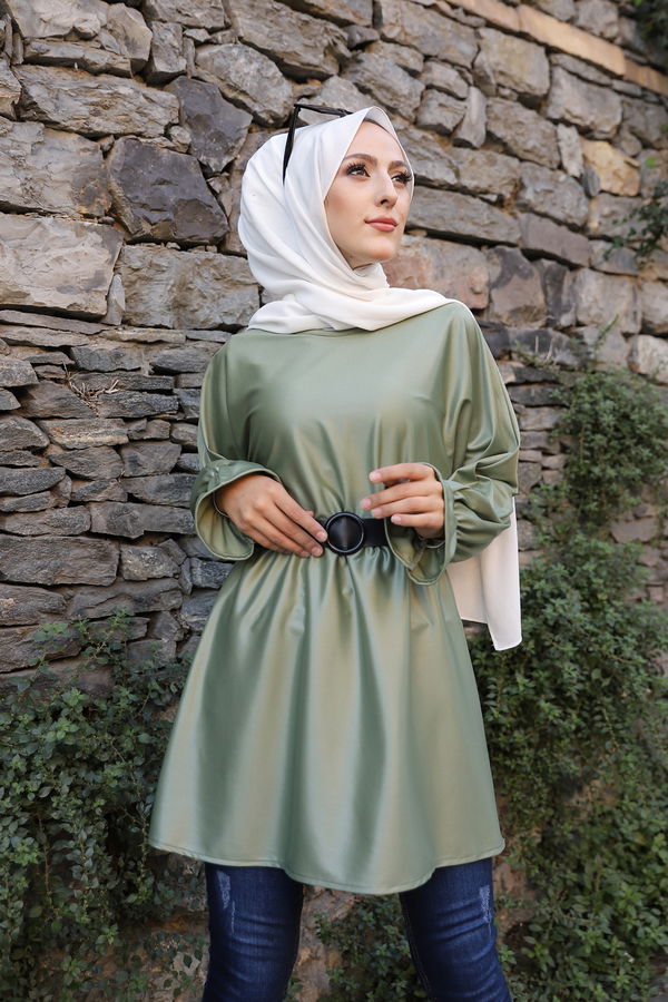 Düz Bisiklet Yaka Kadın Haki TUNIK - 3321