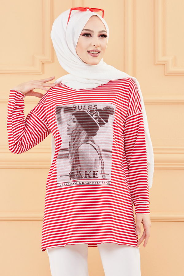 Düz Orta Kadın Kırmızı BASKILI TUNIK - 8734 Kırmızı
