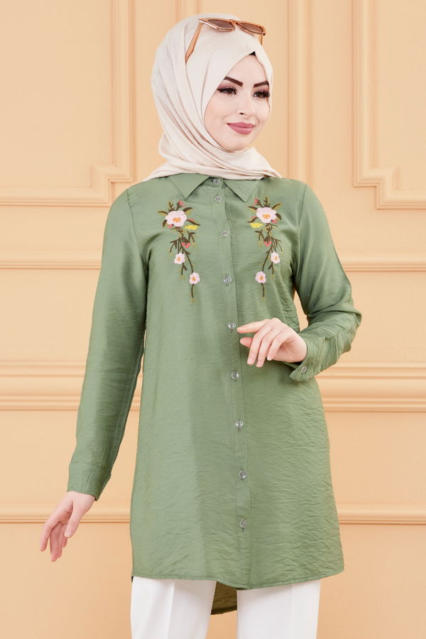 Düz Gömlek Yaka Kadın Haki Nakışlı Tunik - 3550 HAKİ