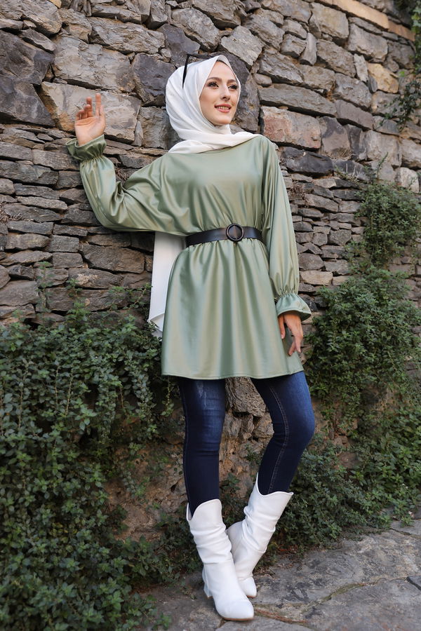 Düz Bisiklet Yaka Kadın Haki TUNIK - 3321