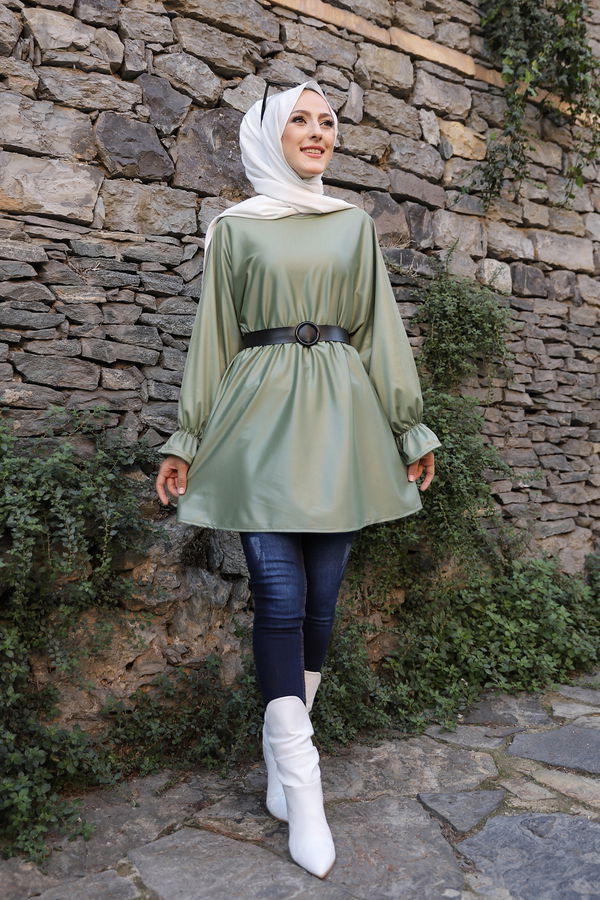 Düz Bisiklet Yaka Kadın Haki TUNIK - 3321