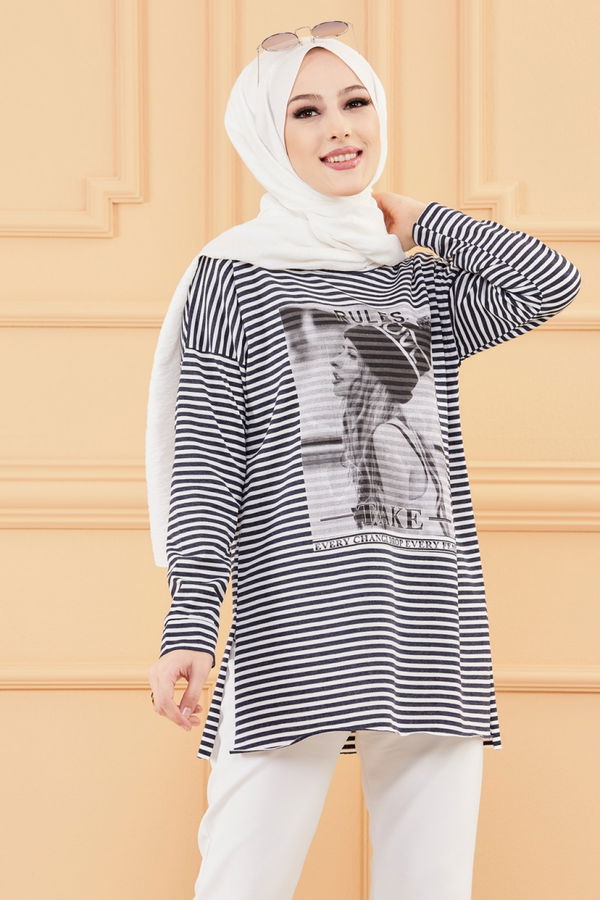 Düz Orta Kadın Lacivert BASKILI TUNIK - 8734