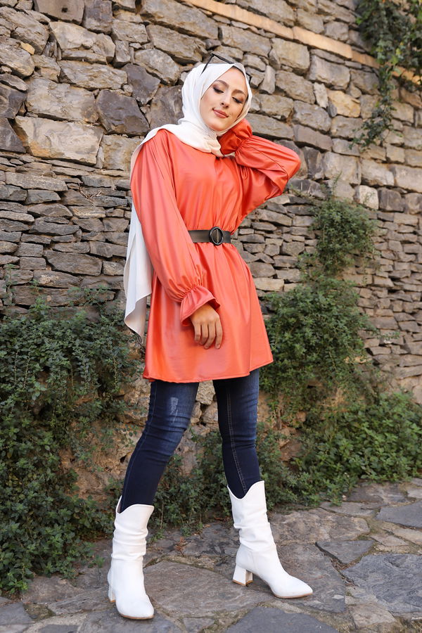 Düz Bisiklet Yaka Kadın Kiremit TUNIK - 3321 KİREMİT