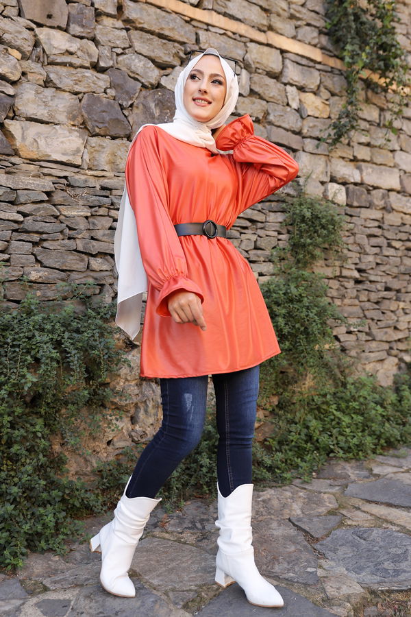 Düz Bisiklet Yaka Kadın Kiremit TUNIK - 3321 KİREMİT