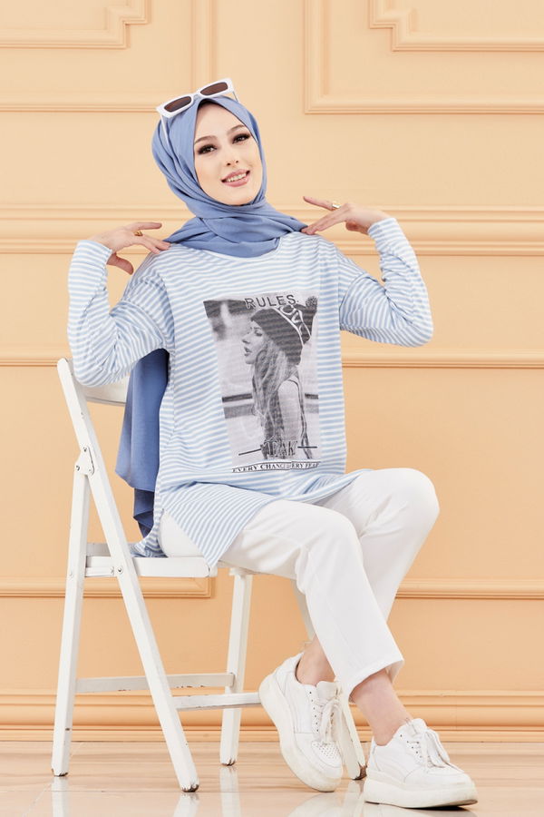 Düz Orta Kadın Mavi BASKILI TUNIK - 8734 MAVİ