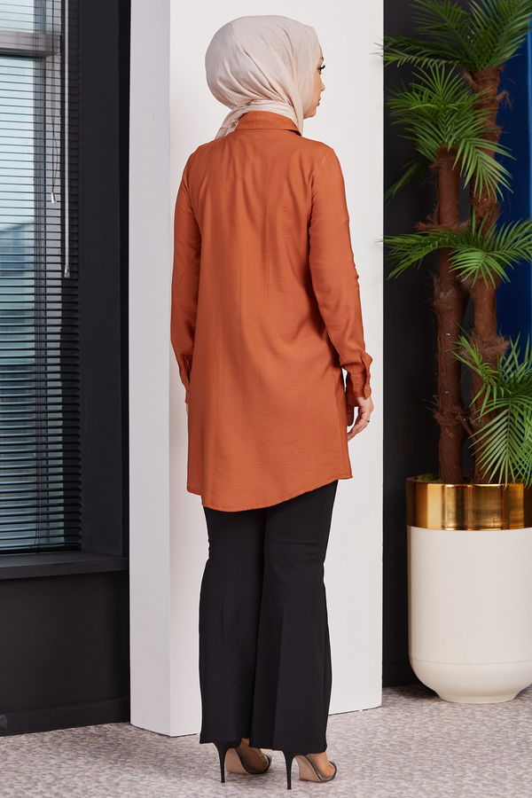 Düz Gömlek Yaka Kadın Taba Nakışlı Tunik - 3550 TABA
