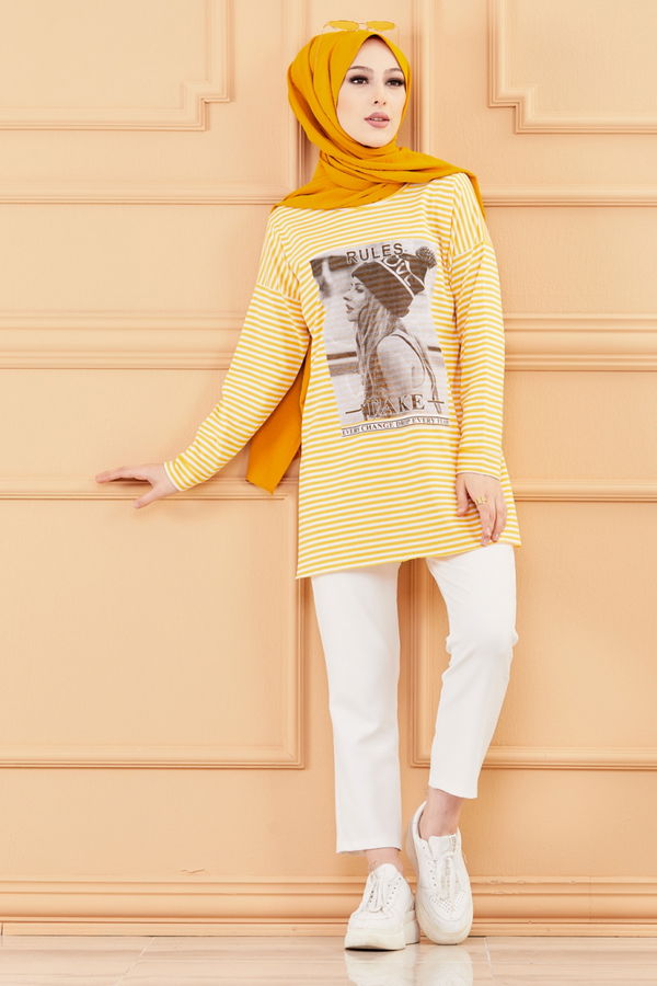 Düz Orta Kadın Sarı BASKILI TUNIK - 8734 Sarı