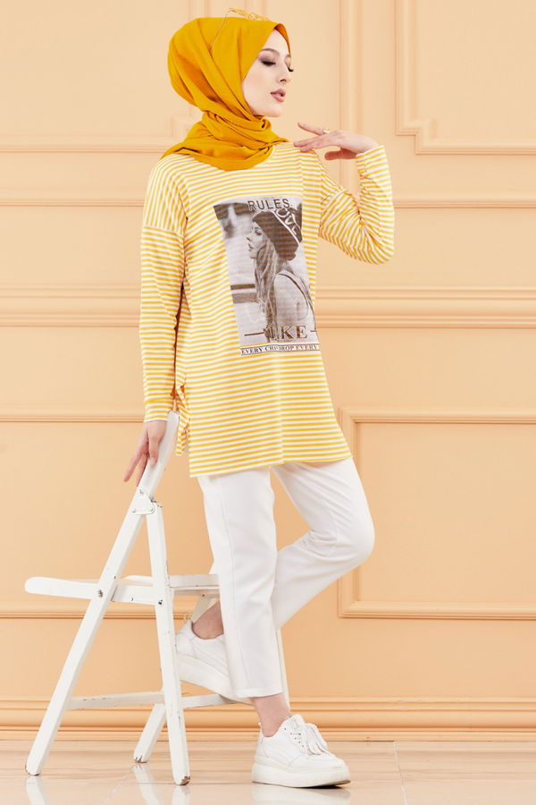 Düz Orta Kadın Sarı BASKILI TUNIK - 8734 Sarı