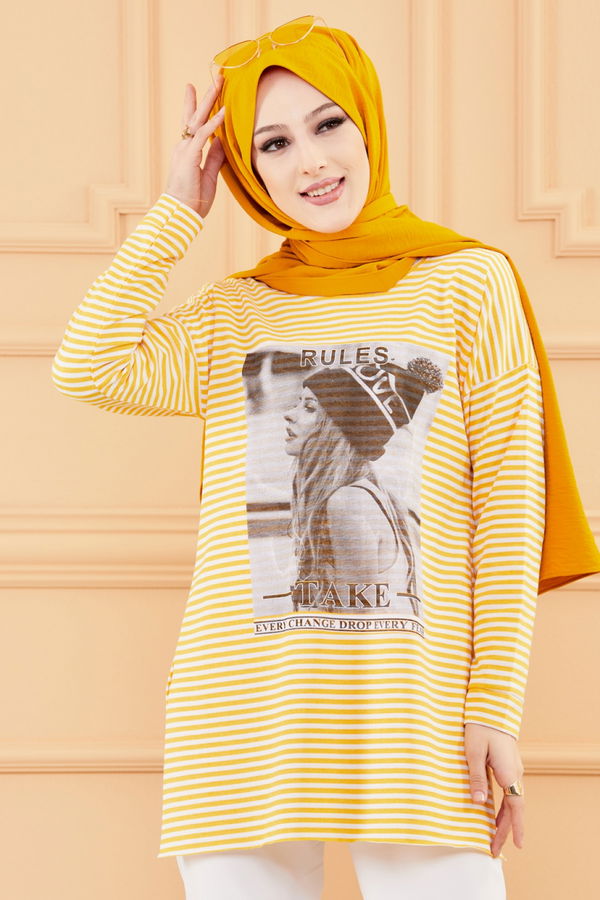 Düz Orta Kadın Sarı BASKILI TUNIK - 8734 Sarı