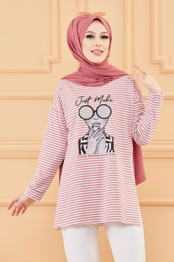 Düz Orta Kadın Pembe BASKILI TUNIK - 8735