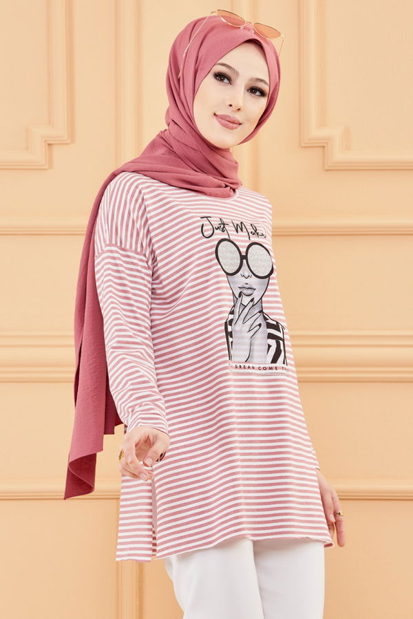 Düz Orta Kadın Pembe BASKILI TUNIK - 8735