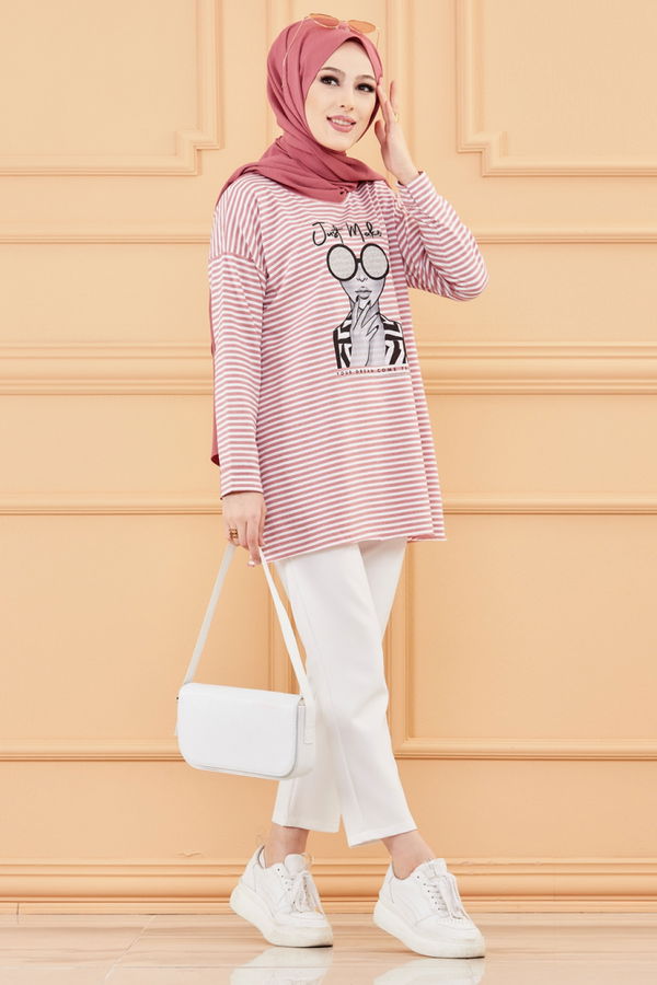 Düz Orta Kadın Pembe BASKILI TUNIK - 8735
