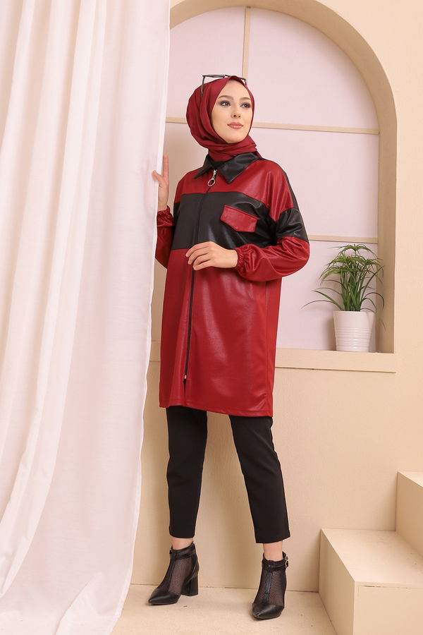 Düz Gömlek Yaka Kadın Bordo 9119 TUNIK - 9119