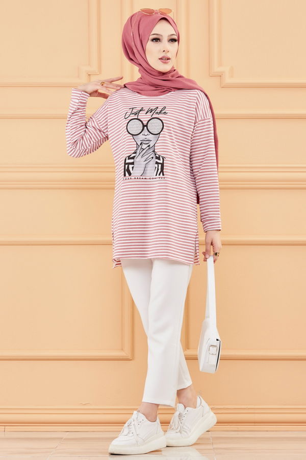 Düz Orta Kadın Pembe BASKILI TUNIK - 8735