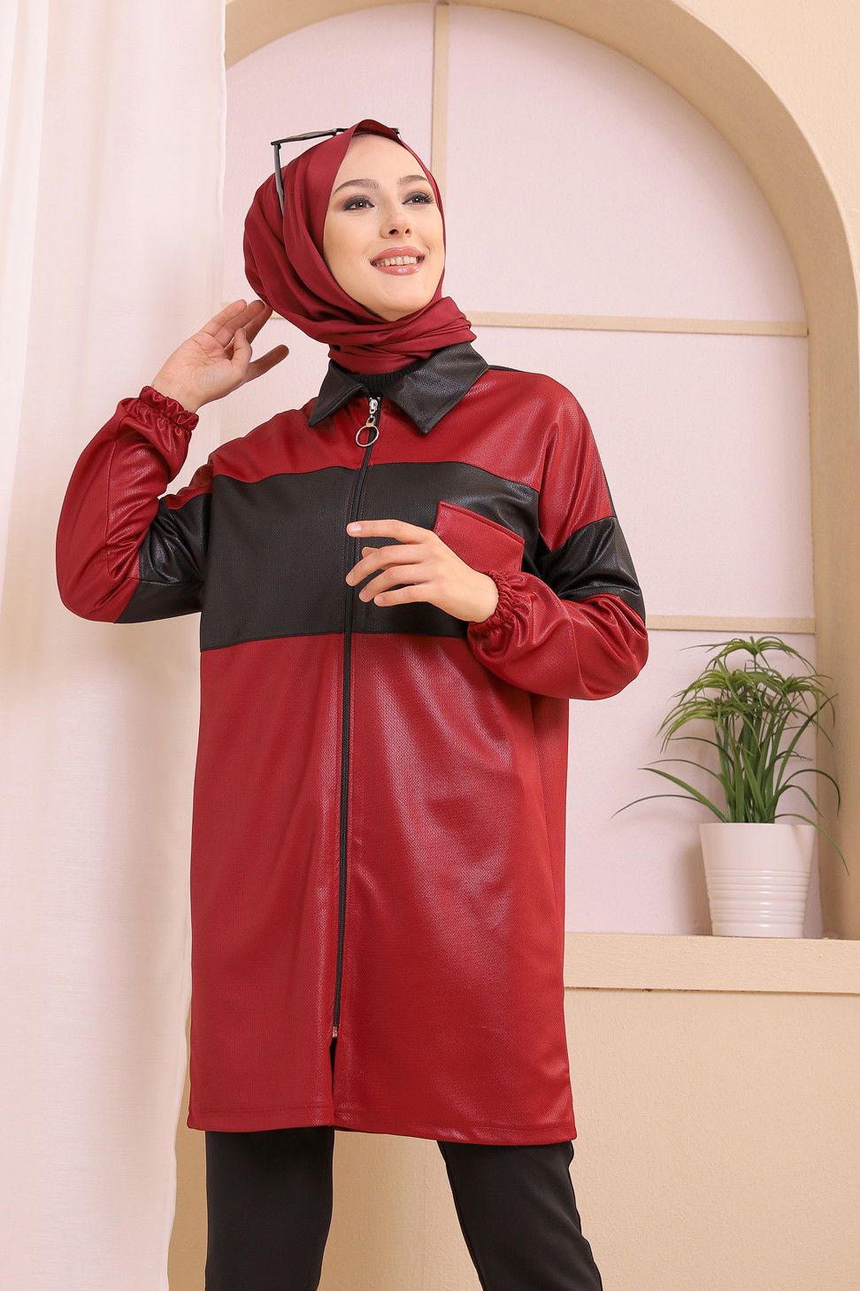 Düz Gömlek Yaka Kadın Bordo 9119 TUNIK - 9119