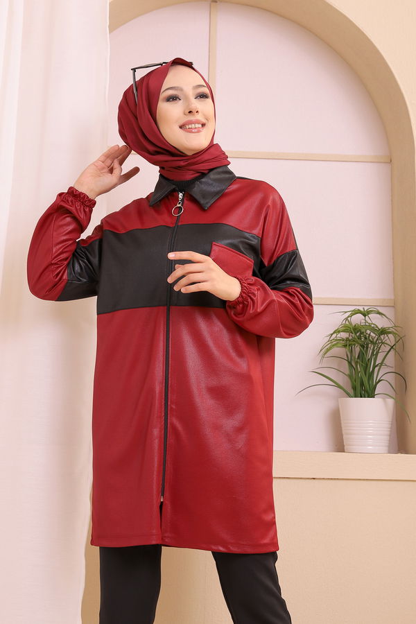 Düz Gömlek Yaka Kadın Bordo 9119 TUNIK - 9119