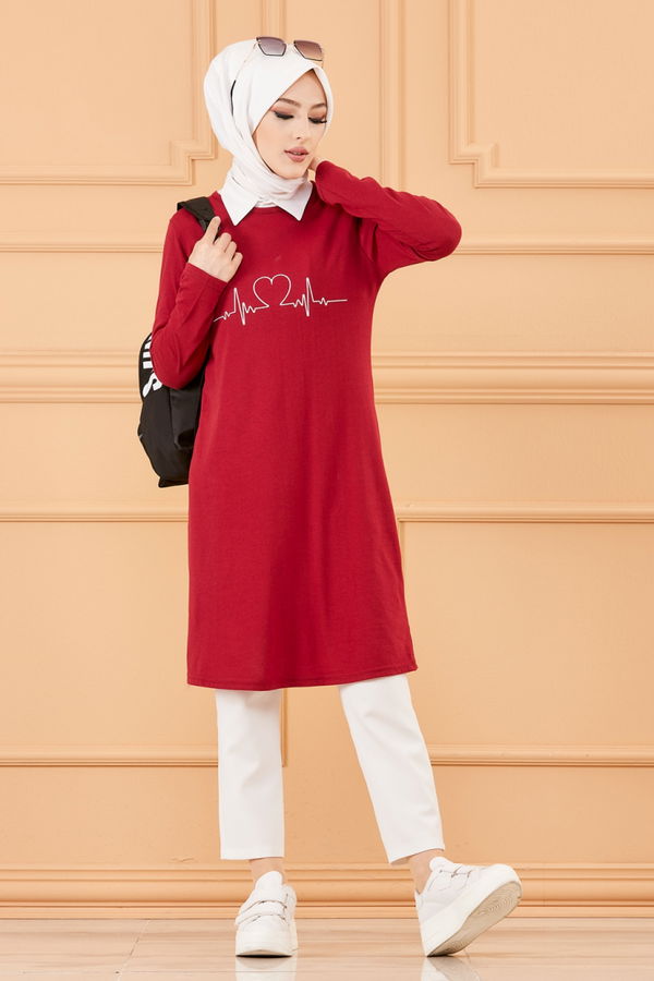 Düz Bisiklet Yaka Kadın Bordo TUNIK - 3608 BORDO