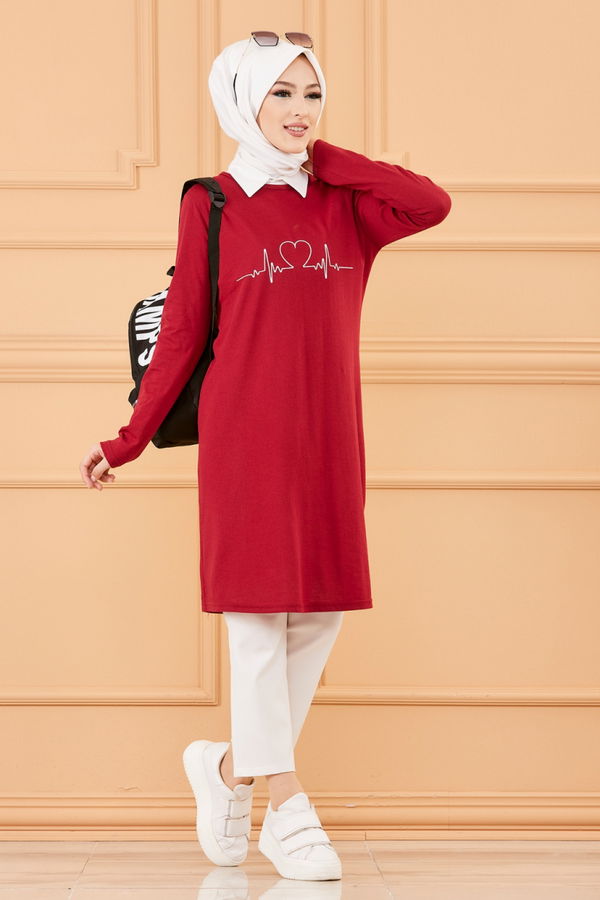 Düz Bisiklet Yaka Kadın Bordo TUNIK - 3608 BORDO
