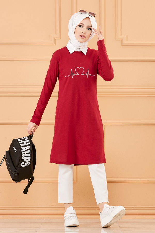 Düz Bisiklet Yaka Kadın Bordo TUNIK - 3608 BORDO