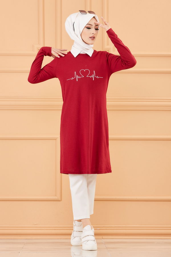 Düz Bisiklet Yaka Kadın Bordo TUNIK - 3608 BORDO
