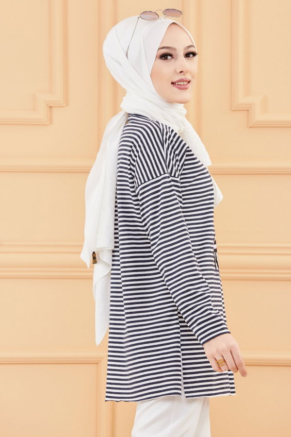 Düz Orta Kadın Lacivert BASKILI TUNIK - 8735