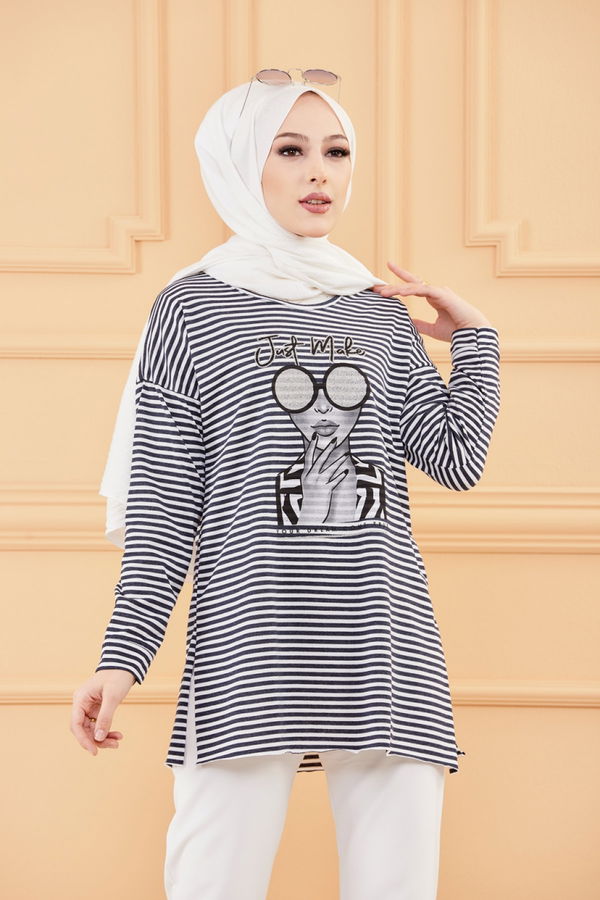 Düz Orta Kadın Lacivert BASKILI TUNIK - 8735