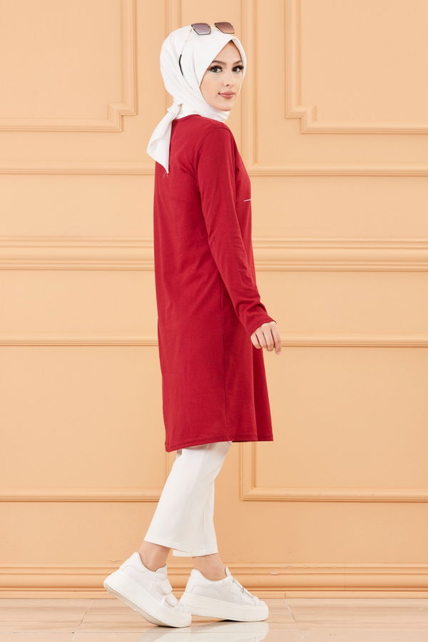 Düz Bisiklet Yaka Kadın Bordo TUNIK - 3608 BORDO