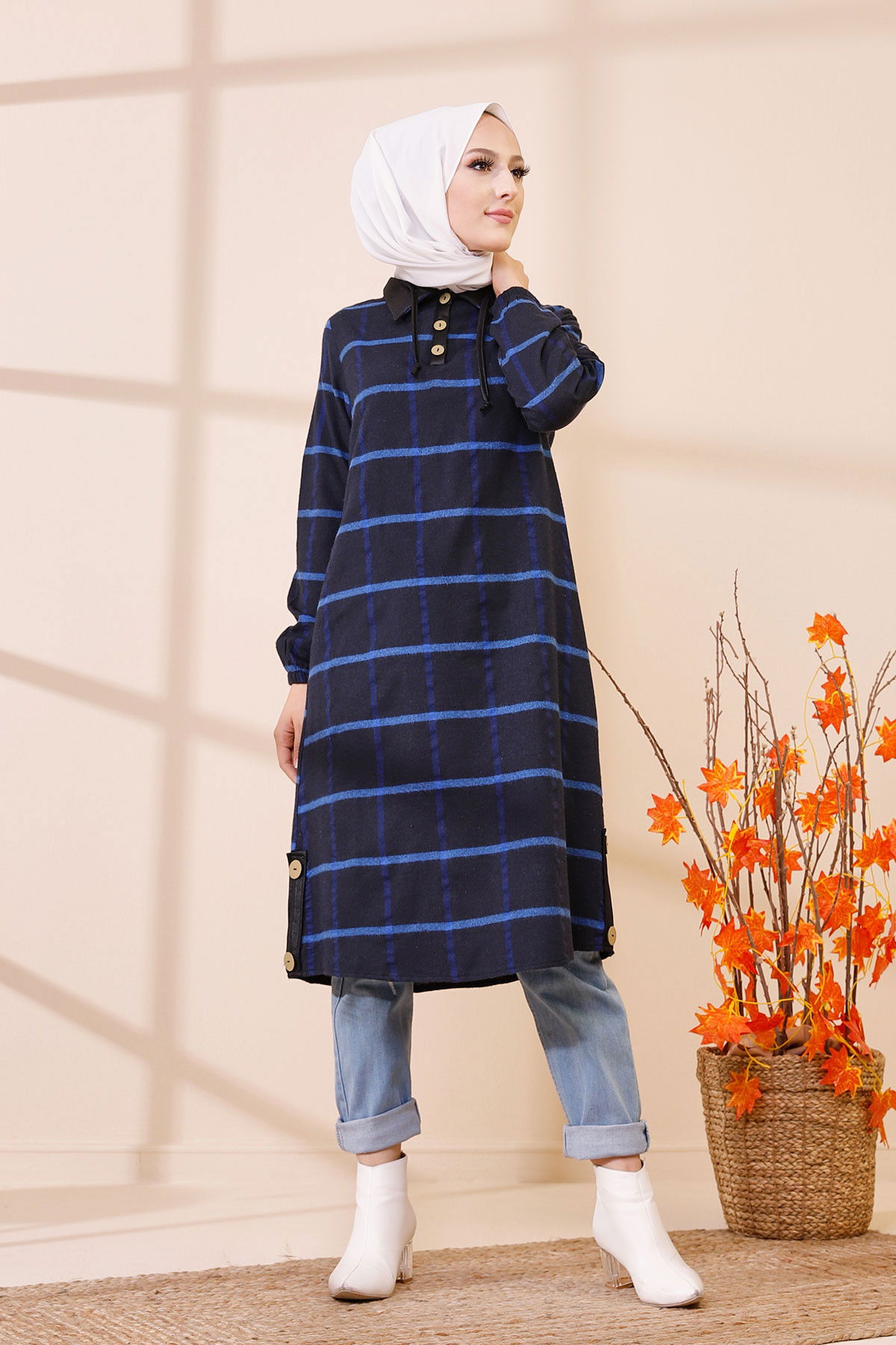 Düz Gömlek Yaka Kadın Lacivert 8635 TUNIK - Yeşil - 46 - 8635