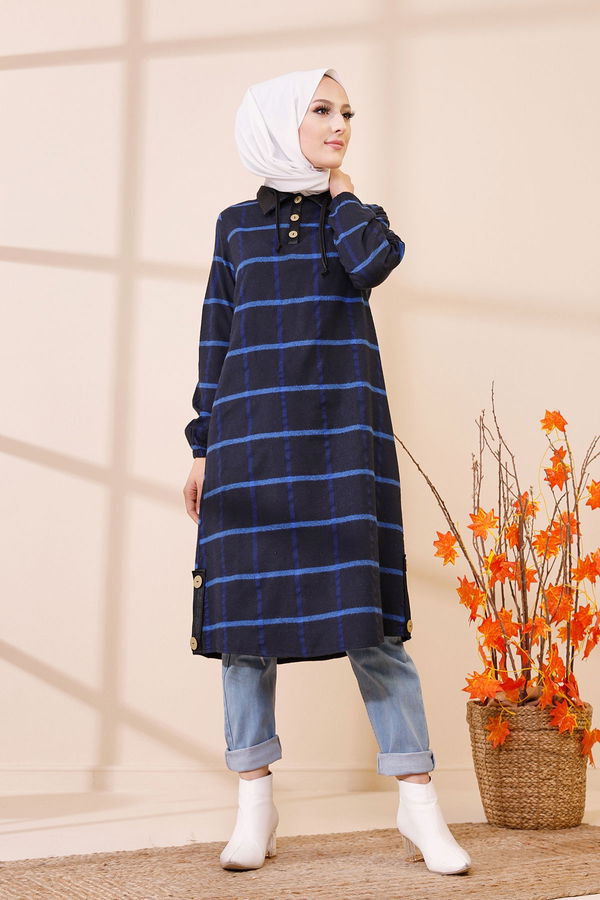 Düz Gömlek Yaka Kadın Lacivert 8635 TUNIK - Yeşil - 46 - 8635