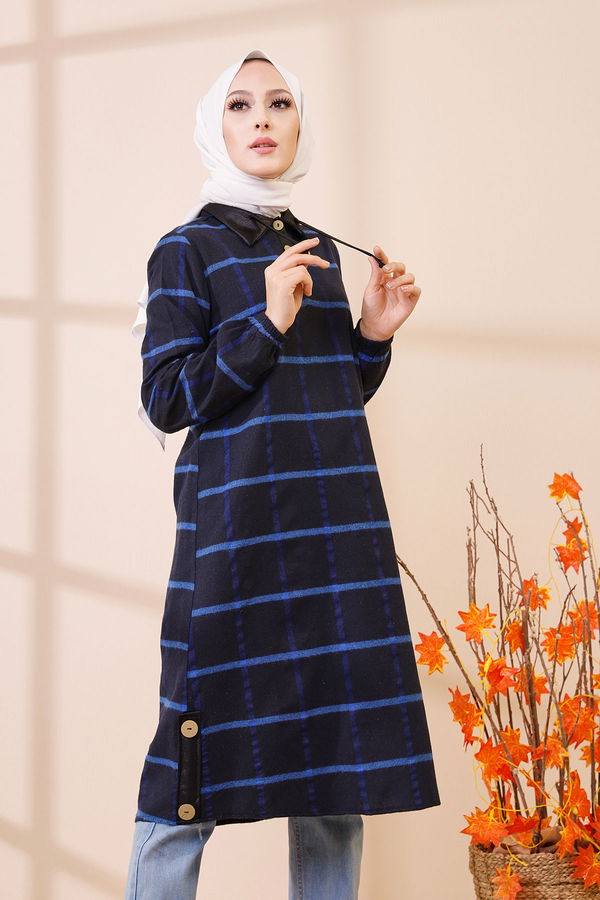 Düz Gömlek Yaka Kadın Lacivert 8635 TUNIK - Yeşil - 46 - 8635