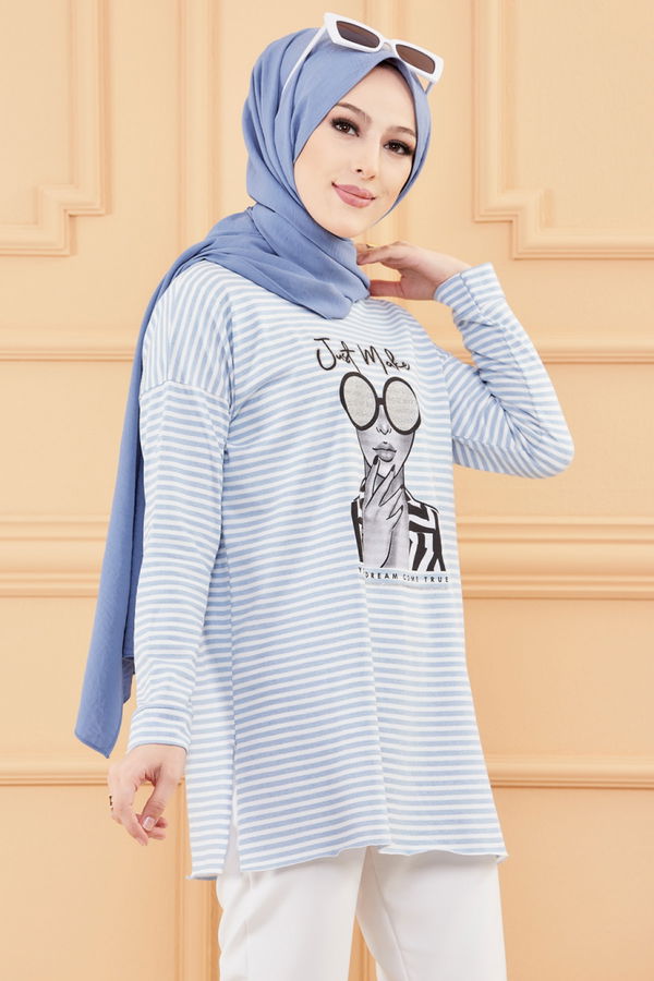Düz Orta Kadın Mavi BASKILI TUNIK - 8735 MAVİ