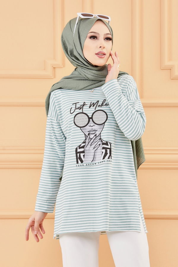 Düz Orta Kadın Yeşil BASKILI TUNIK - 8735 YEŞİL