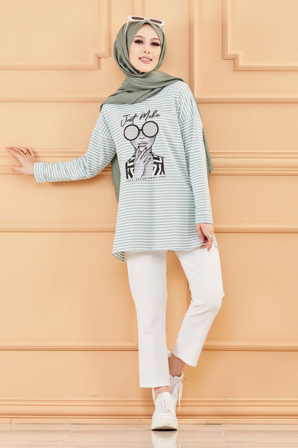 Düz Orta Kadın Yeşil BASKILI TUNIK - 8735 YEŞİL
