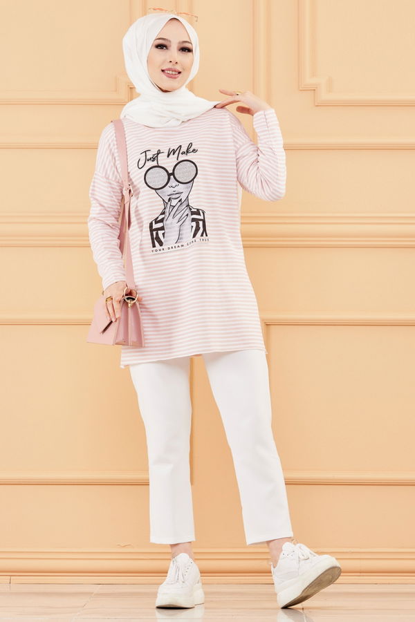 Düz Orta Kadın Pembe BASKILI TUNIK - 8735 PEMBE