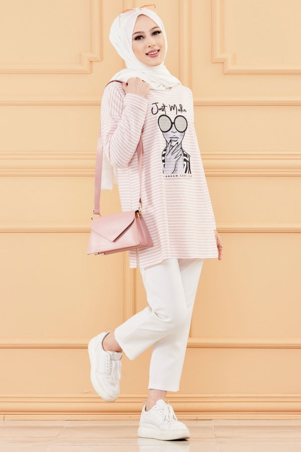 Düz Orta Kadın Pembe BASKILI TUNIK - 8735 PEMBE