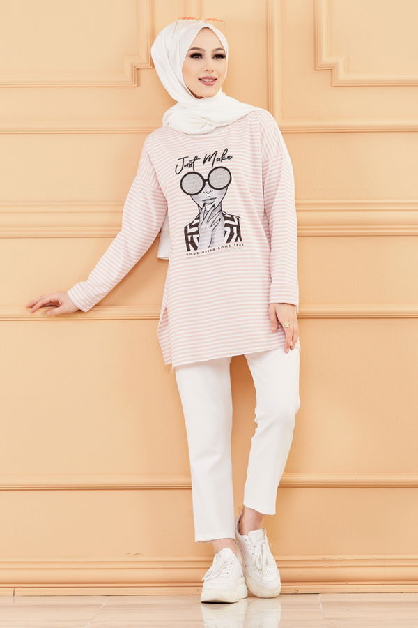 Düz Orta Kadın Pembe BASKILI TUNIK - 8735 PEMBE