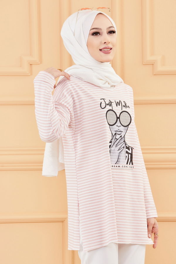 Düz Orta Kadın Pembe BASKILI TUNIK - 8735 PEMBE