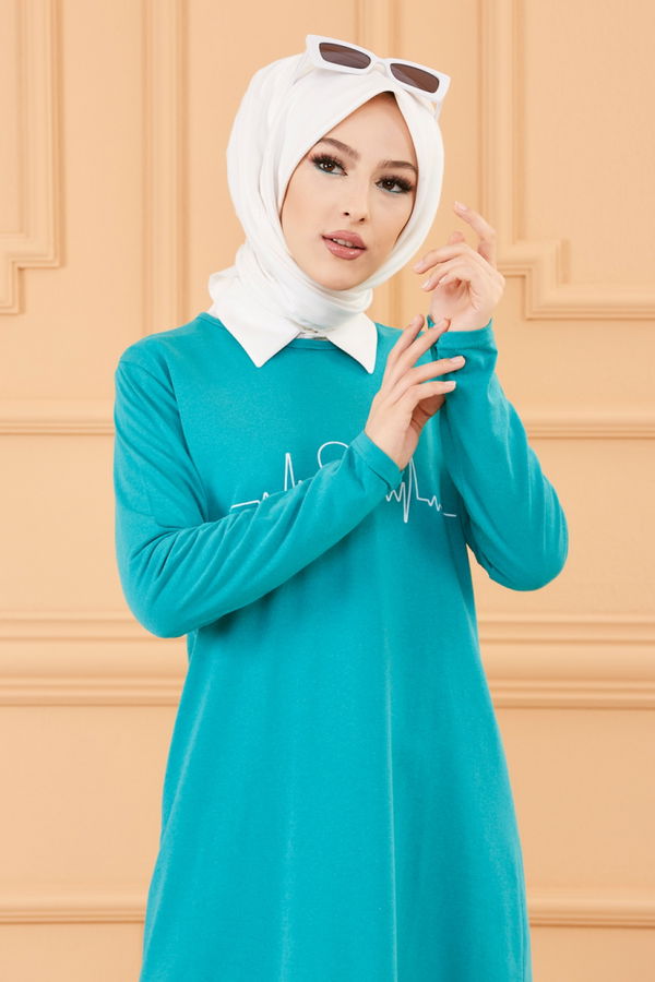 Düz Bisiklet Yaka Kadın Yeşil TUNIK - 3608