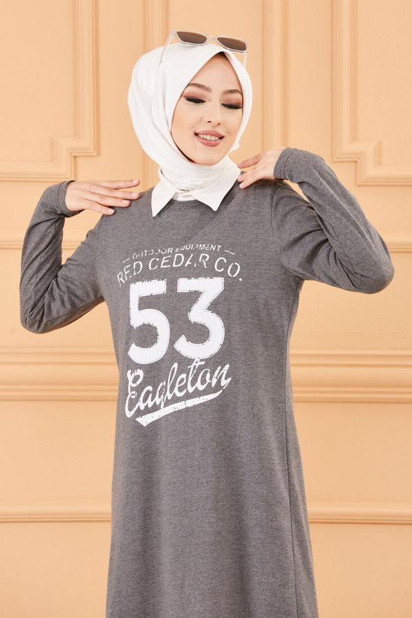 Düz Bisiklet Yaka Kadın Antrasit TUNIK - 3609