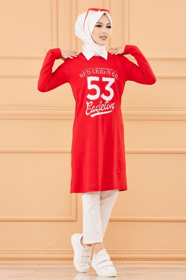 Düz Bisiklet Yaka Kadın Kırmızı TUNIK - 3609