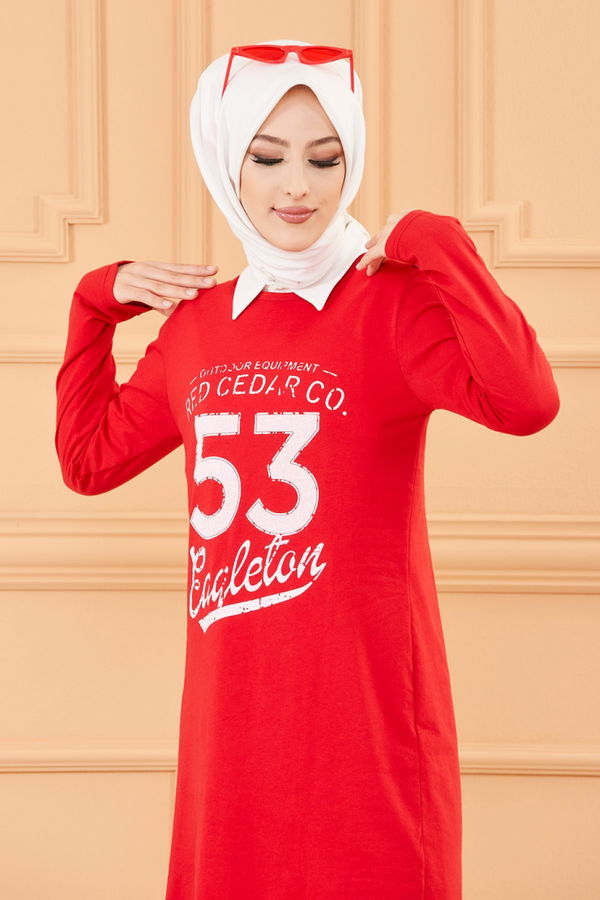 Düz Bisiklet Yaka Kadın Kırmızı TUNIK - 3609