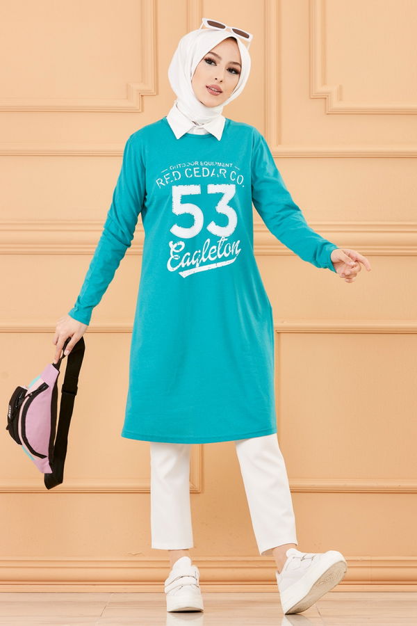 Düz Bisiklet Yaka Kadın Yeşil TUNIK - 3609