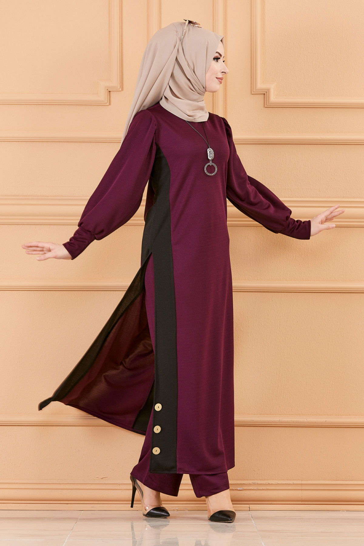 Düz Bisiklet Yaka Kadın Mürdüm TUNIK PANTOLON - 3662