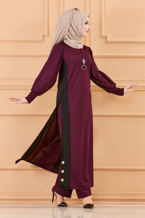 Düz Bisiklet Yaka Kadın Mürdüm TUNIK PANTOLON - 3662